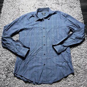 Hugo Boss Shirt Mens Large Blue Check Slim Fit Long Sleeve Button Up Logo Casual